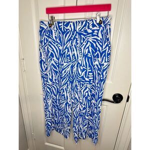 Marc New York Blue White Abstract Leaf Print Linen Blend Pants Sz L Coastal Pool